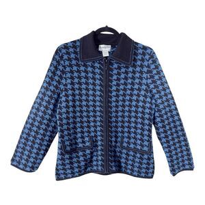 Pendleton Womens Wool Blend Blue Black Houndstooth Full Zip Sweater Size Medium